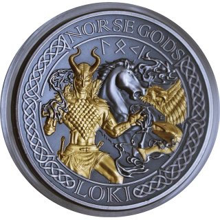 2 oz Cook Islands 2022 - LOKI - Nordische Götter Norse Gods - Silber Konkav Antik Gilded Ultra High Relief - 1 $
