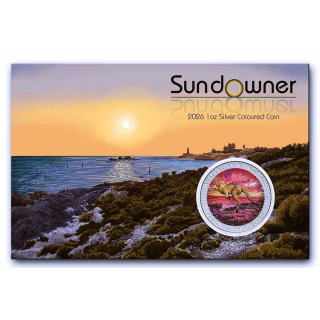 1 oz Australien 2026 Color - Känguru Kangaroo im Sonnenuntergang - Sundowner Edition Coin Card - Silber BU 1 $ - Perth Mint