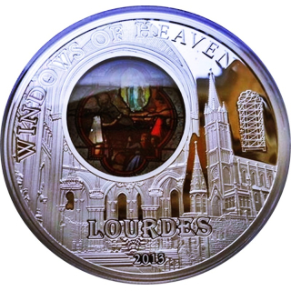 50 g Cook Island 2013 Proof - LOURDES Obere Basilika Erscheinungsfenster - Windows of Heaven - Silber 10 $