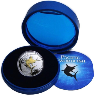 1 oz Fiji 2011 Proof Gilded - Pazifischer Schwertfisch -  Pacific Swordfish - 2 NZ$ - Meerwasser Aquarium