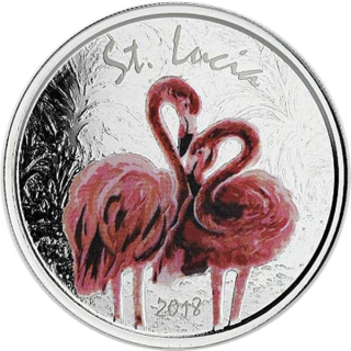 St. Lucia,  2 Dollar, Flamingo EC8 1 Unze Silber, 1 oz  2018 Proof farbig