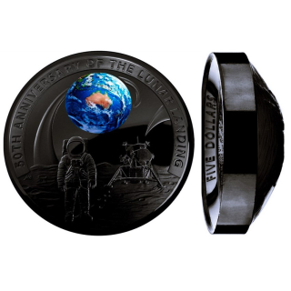 1 oz Australien 2019 - 50 Jahre Mondlandung Moon Landing - Black Nickel Proof - Konkav Konvex - Gewölbte Münze - 5 AU$ RAM