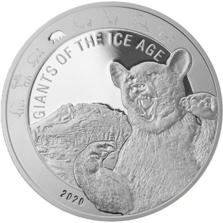 1 Unze Silber Ghana 5 Cedis Giganten der Eiszeit - Höhlenbär 2020 Feingehalt 999